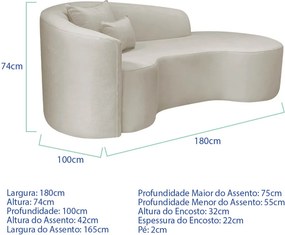 Kit Recamier Curvo Sala de Estar Inglaterra 180cm Lado Direito e 2 Poltronas Orgânica Luxo Amore Linho