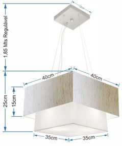 Lustre Pendente Duplo Quadrado Vivare Md-4157 Cúpula em Tecido 40x35cm Linho Bege / Branco - Bivolt