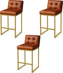 Banqueta Cozinha Alta com Encosto Industrial Kit 3 Dourado Lirina PU C05 - D'Rossi - Nozes