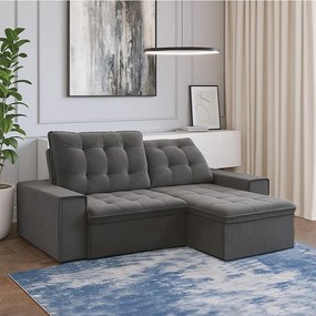 Sofá Retrátil Gabi Sala de Estar 234cm Suede Grafite G52 - Gran Belo