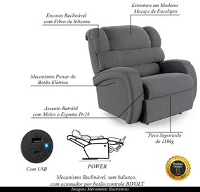 Poltrona do Papai Sala de Cinema Reclinável Kylie Power Touch USB Veludo Cinza Grafite G23