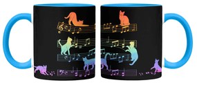 Caneca Gato Musical Arco Iris Cat Lover Preta com Alça Azul