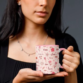 Caneca Amor e Flores Love and Flowers Interior e Alça Rosa