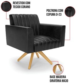 Poltrona Giratória Viena Gomada Corano Base de Madeira MA30 D03 - D'Rossi - Preto