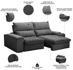 Sofá Retrátil 3 Lugares com Porta Copo 230cm Andes F05 Veludo Grafite
