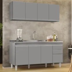 Armário Cozinha e Balcão Com Pia 160cm Arkansas Cinza       - Lumil