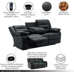 Poltrona Reclinável Sala de Cinema 3 Lugares Hollywood Manual Massagem Aquecimento Porta Copos PU G94 - Gran Belo - Preto