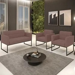 Sofá Namoradeira e 2 Poltronas Base Industrial Preto Ana Veludo Rosê -