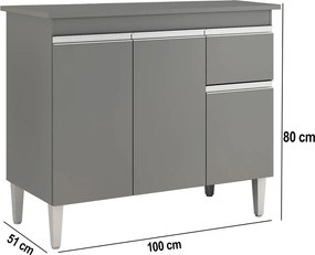 Balcão Cozinha com Tampo 100cm 3 Portas Taylla A01 - D'Rossi - Cinza