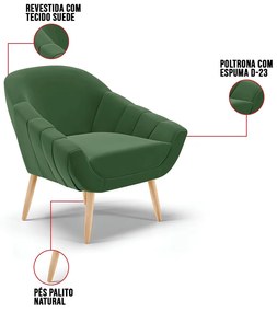 Kit 01 Namoradeira 02 Lugares e 01 Poltrona Giovana Suede Pés Palito Natural D01 - D'Rossi - Verde