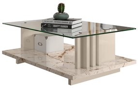Mesa de Centro Para Sala Ripado Tampo de Vidro Mirezi M20 - D'Rossi - Calacata e Off White