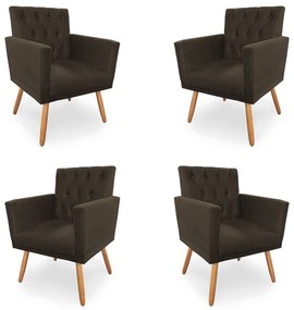 Kit 4 Poltronas Decorativas Clara Capitonê Pés Palito Suede Marrom - Sheep Estofados