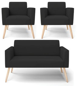 Sofá Namoradeira com 2 Poltronas Pés Palito Natural Marisa Veludo D03 - D'Rossi - Preto