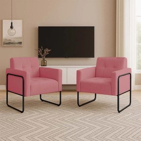 Poltrona Sala Industrial Alta Tubo Preto Kit 2 Elisa Suede D03 - D'Rossi - Rose