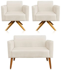Kit 01 Namoradeira 02 Lugares e 02 Poltronas Marisa Suede Bege Base Giratória Madeira MA30 D'Rossi