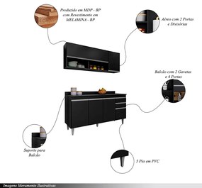 Conjunto Balcão de Cozinha com Aéreo Tampo Dodoma MDP/BP Preto G96 - Gran Belo