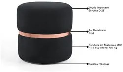 Kit 2 Puffs Decorativos Com Cinto Rosê Round C-300 Veludo Preto - Domi