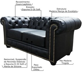 Sofá 2 Lugares Sala de Estar Chesterfield com Pés Madeira Couro Preto G40 - Gran Belo