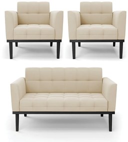 Conjunto 2 Poltronas e 1 Namoradeira Decorativa Karen Pés Fixo em Madeira Preto Suede Bege G19 - Gran Belo