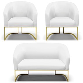 Namoradeira e 2 Poltronas Industrial Dourado Stella Sintético D03 - D'Rossi - Branco