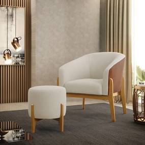 Poltrona e Puff Decorativo Base Madeira Stella PU Nozes/Bouclê D03 - D'Rossi - Bege