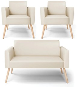 Sofá Namoradeira com 2 Poltronas Pés Palito Natural Marisa Corino D03 - D'Rossi - Bege