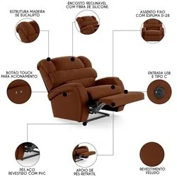 Poltrona do Papai Reclinável Kalie Power Touch USB FH9 Veludo Terracot