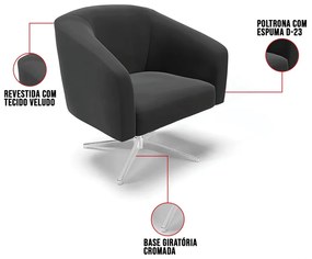 Poltrona Decorativa Giratória Cromada Stella Veludo D03 - D'Rossi - Preto