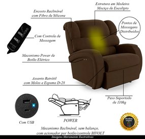Poltrona do Papai Sala de Cinema Reclinável Kylie Power Touch Massagem USB Veludo Marrom G23