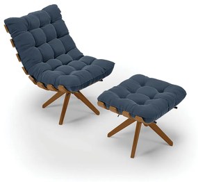 Poltrona com Puff Giratório Costela Suede Base de Madeira MA30 M11 - D'Rossi - Azul Marinho