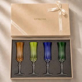 Kit 4 Taças Coloridas de Cristal Flauta Lapidado 66 p/ Champanhe c/ Caixa de Presente - KT02  KT02