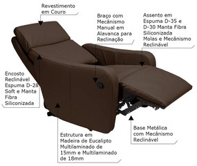 Poltrona Decorativa Reclinável Manual Moroni Couro Tabaco G43 - Gran Belo