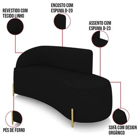 Sofá 3 Lugares Orgânico 180cm Pé Dourado Morgan Linho D03 - D'Rossi - Preto
