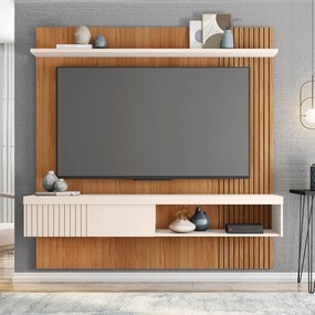 Painel TV 65 Pol 180cm Bancada Suspensa Ripado Luana C01 - D'Rossi - Freijó/Off White