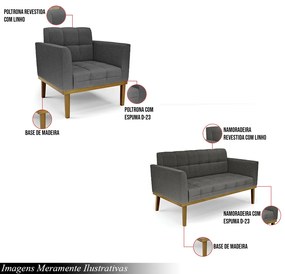 Conjunto 2 Poltronas e 1 Namoradeira Decorativa Karen Pés Fixo em Madeira Castanho Linho Cinza Mesclado G19 - Gran Belo