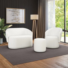 Sofá Namoradeira com Poltrona e Puff Orgânico Sala Malu Bouclê M11 - D'Rossi - Off White
