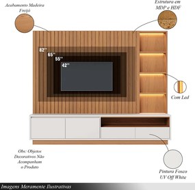Home Estante Monterrey Decorativo TV até 82 MDP/HDF 240cm Fitas LED Nichos Freijó/Off White G73 - Gran Belo