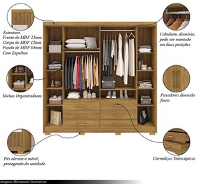 Guarda Roupa Dunas Casal 6 Portas de Bater 2 Com Espelhos 6 Gavetas MDF Nature G98 - Gran Belo
