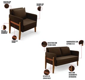 Kit 1 Sofá Namoradeira e 2 Poltronas Lana Suede Marrom Base de Madeira