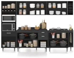 Armário de Cozinha Com Tampo CP07 280cm Pérola Preto Z34      - Mpozen