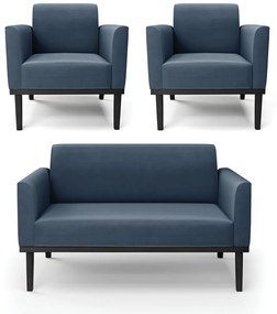 Sofá Namoradeira com 2 Poltronas Base de Madeira Fixa Preto Marisa Suede  D03 - D'Rossi - Azul Marinho
