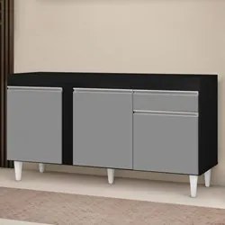 Balcão Gabinete Para Pia 150cm Sem Tampo 3 Portas 1 Gaveta Dakota Pret