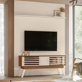 Painel TV 65 Pol 179cm Ripado Valen e Bancada Orlin M20 - D'Rossi - Naturale(fosco)/Off White(brilho)