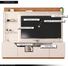 Home Theater Bruma 240cm com LED e Prateleiras em Vidro para TV até 65 MDP Off White/Freijo G11-  Gran Belo