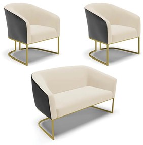 Namoradeira e 2 Poltronas Industrial Dourado Stella Pto/Linho D03 - D'Rossi - Bege