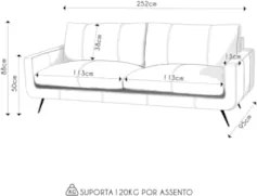 Sofá 3 Lugares Para Sala Living 252cm Merli L08 Couro Camel  - Mpozena