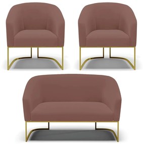 Namoradeira e 2 Poltronas Industrial Dourado Stella Veludo D03 - D'Rossi - Rose