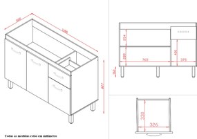 Balcão Lírio 3 Portas 1 Gaveta Cozinha MB1 120cm