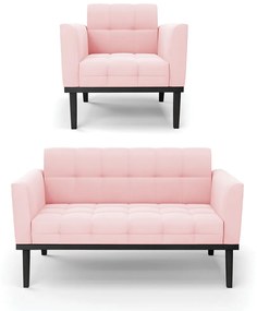 Sofá Namoradeira e Poltrona Base de Madeira Preto Elisa Suede D03 - D'Rossi - Rosa Bebê