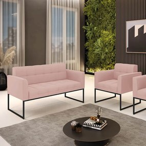 Kit 1 Sofá Namoradeira e 1 Poltrona Elisa Veludo Rosê Base Metálica Industrial Preto D03 - D'Rossi